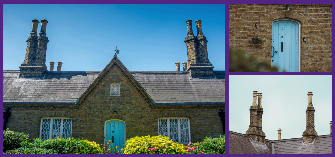 Three photos showing the exterior of Mary Tate's Almshouses