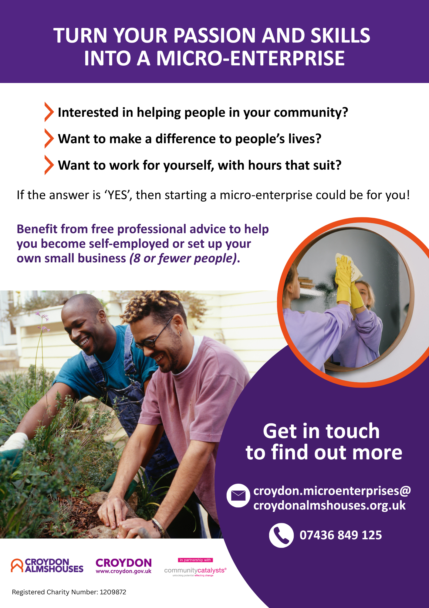Work for your community in Croydon. We can help you turn your passion and skills into a small enterprise. Benefit from free professional advice to help you become self employed or set up your own small business. Get in touch to find out more: 02038836959 croydon.microenterprises@croydonalmshouses.org.uk
